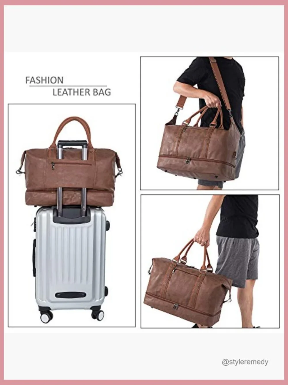 Leather Weekender Overnight Carry On Travel Duffel Bag with Shoe Pouch